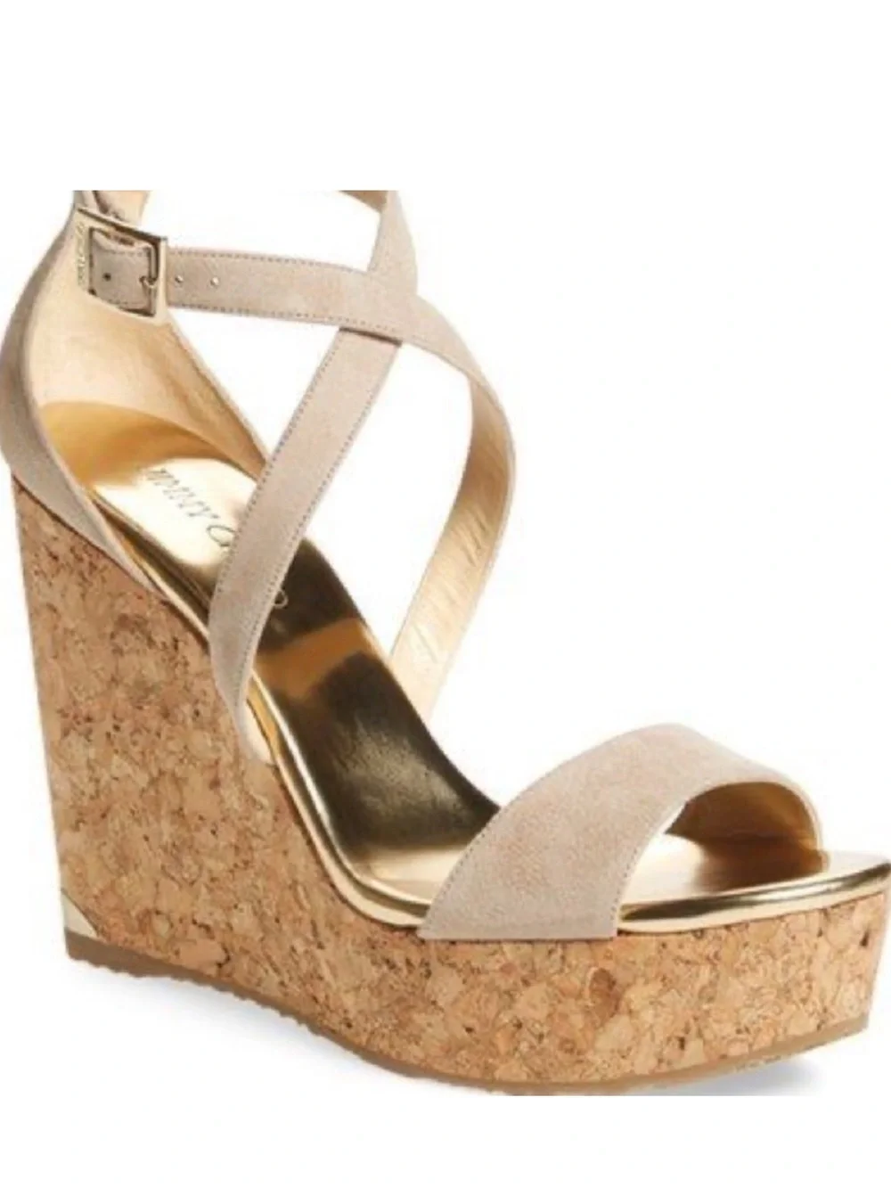 Jimmy Choo | Portia 120 Nude Suede Cork Platform Wedge Sandals EU 40